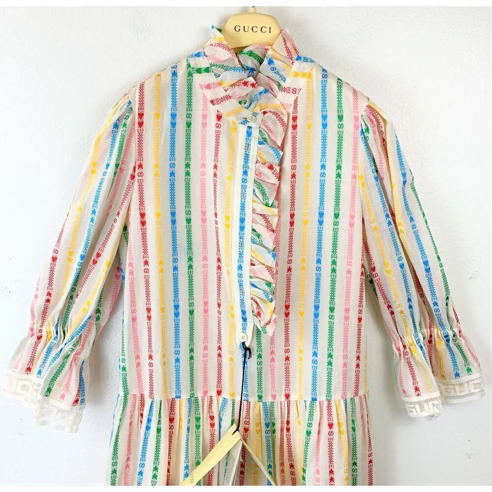 NWT Gucci Kids cotton Multicolor embroidered stripe dress size 12 - Picture 4 of 11